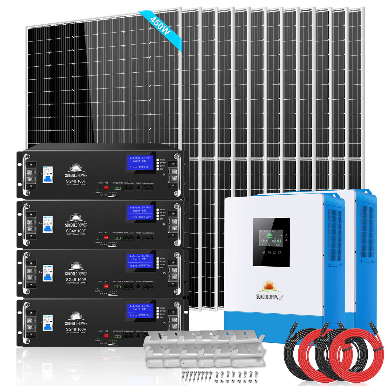 SunGold Power Off-Grid Solar Kit 10000W 48VDC 120V/240V LifePO4 20.48KWH Lithium Battery 12 X 450 Watts Solar Panels