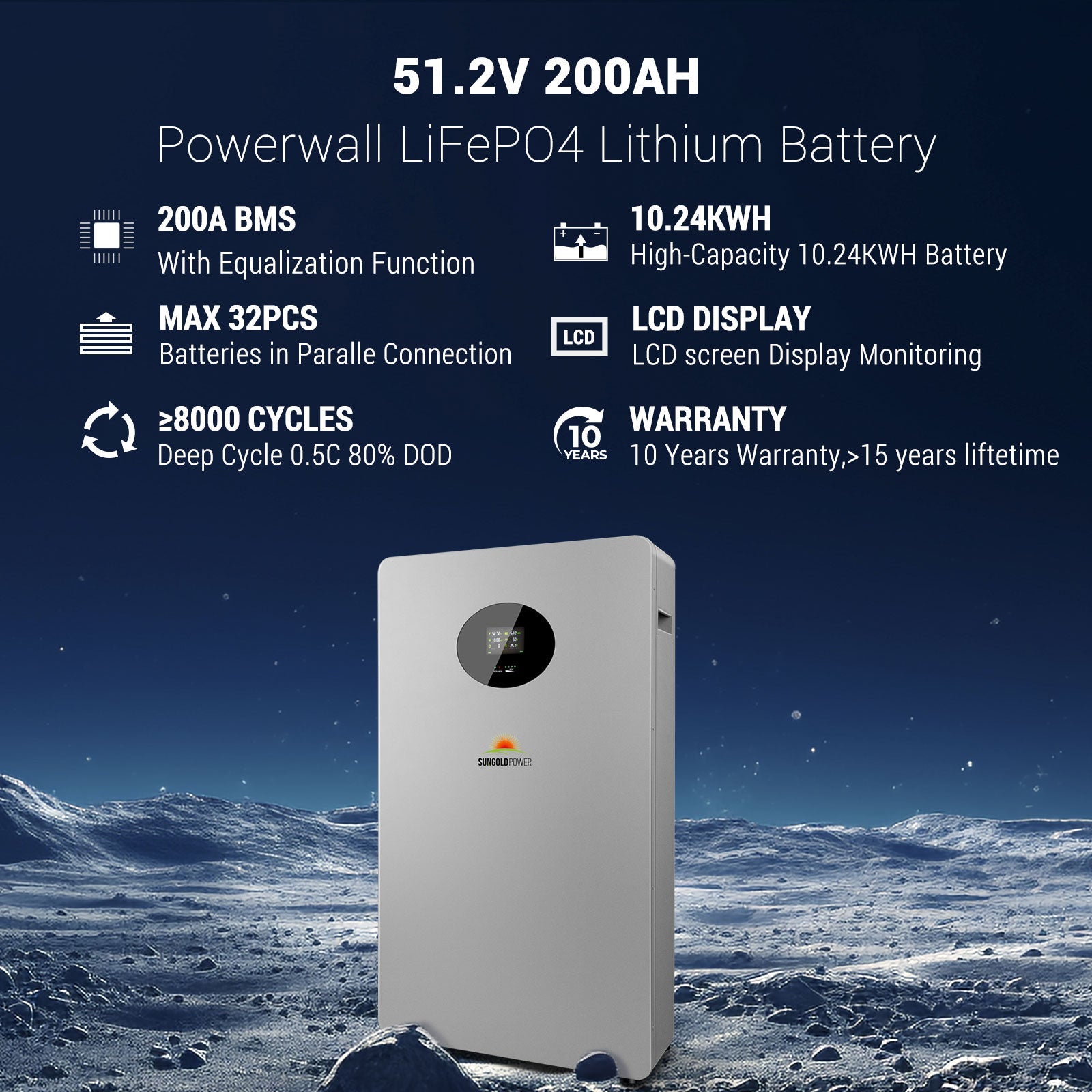 SunGold Power Powerwall X Lithium Battery 51.2V 200Ah SG48200T