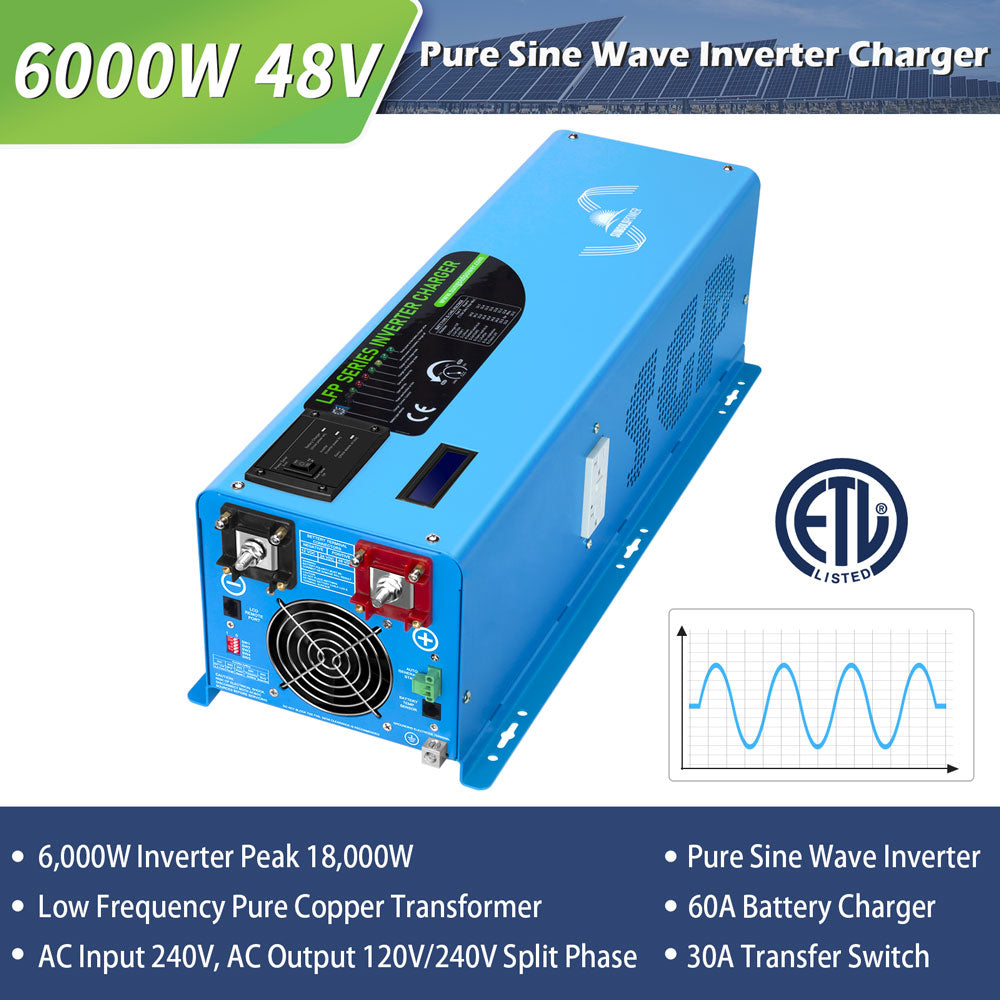 SunGold Power Off-Grid Solar Kit 6000W 48VDC 120V/240V LifePo4 10.48KWH Server Rack Lithium Battery 8 X 370 Watts Solar Panels