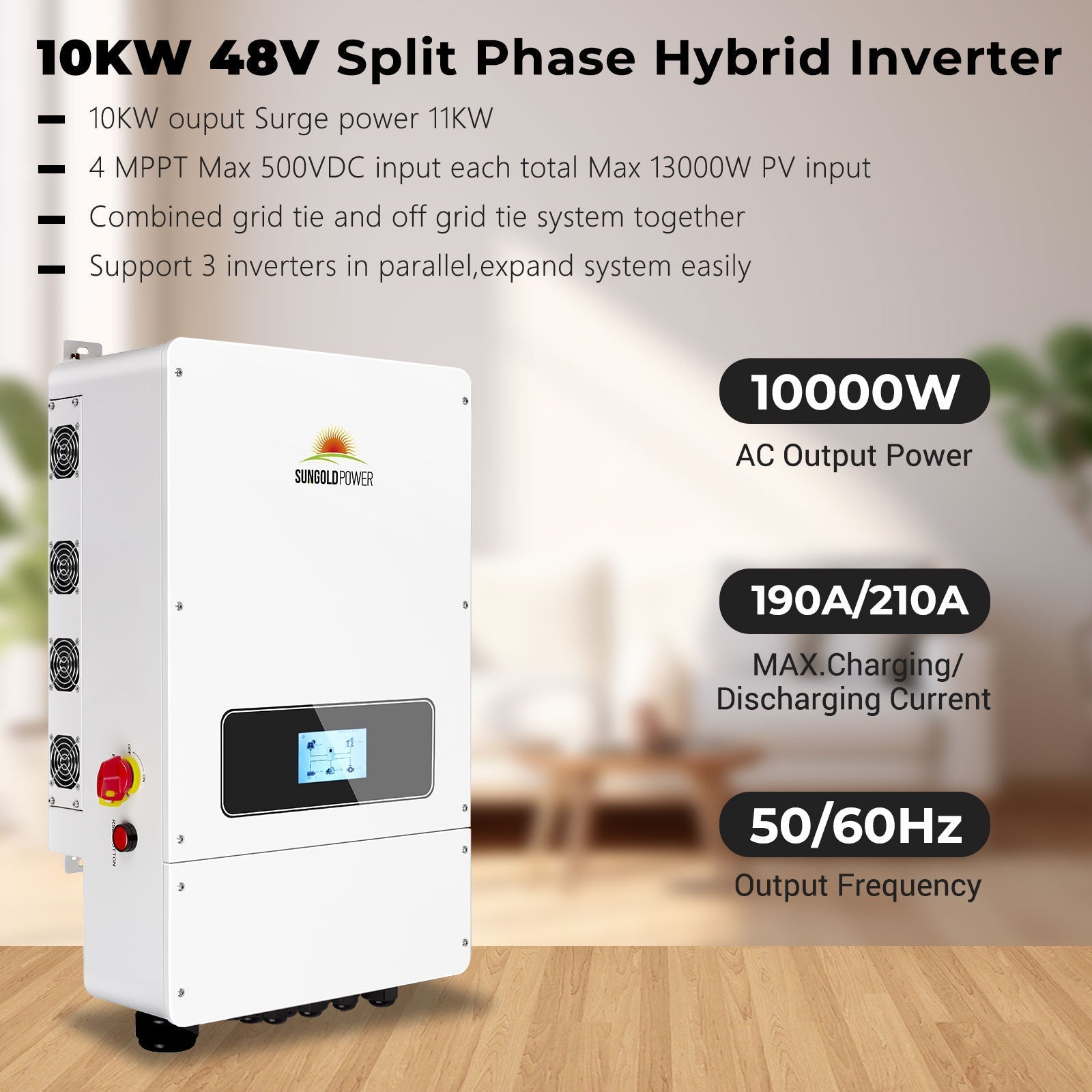 SunGold Power UL 10kW Hybrid Inverter 48V Split Phase, Grid Feedback, Batteryless