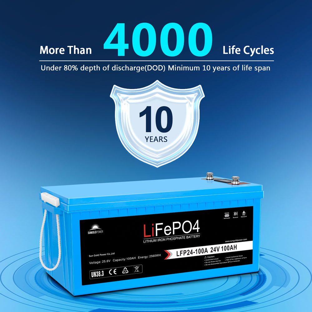SunGold Power 24V 100Ah LiFePo4 Deep Cycle Lithium Battery Bluetooth / Self-Heating / IP65