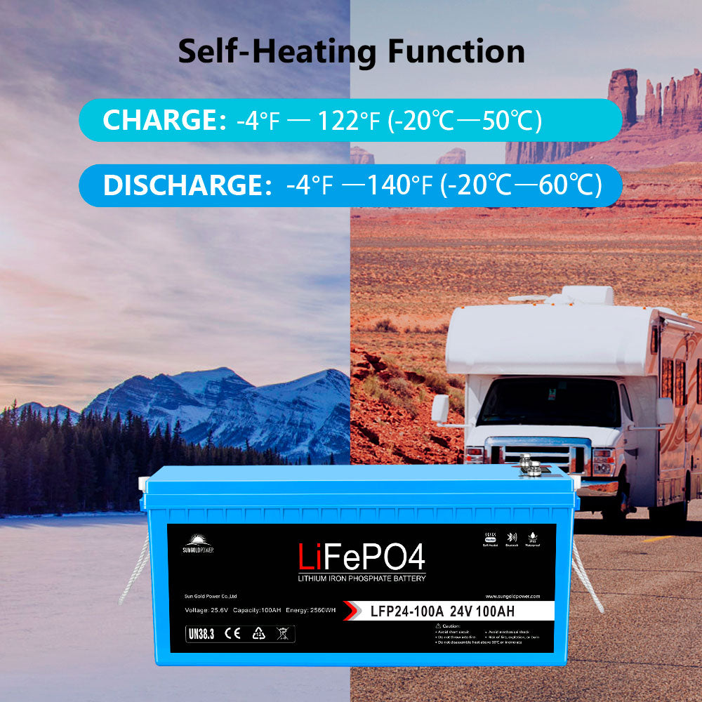 SunGold Power 24V 100Ah LiFePo4 Deep Cycle Lithium Battery Bluetooth / Self-Heating / IP65