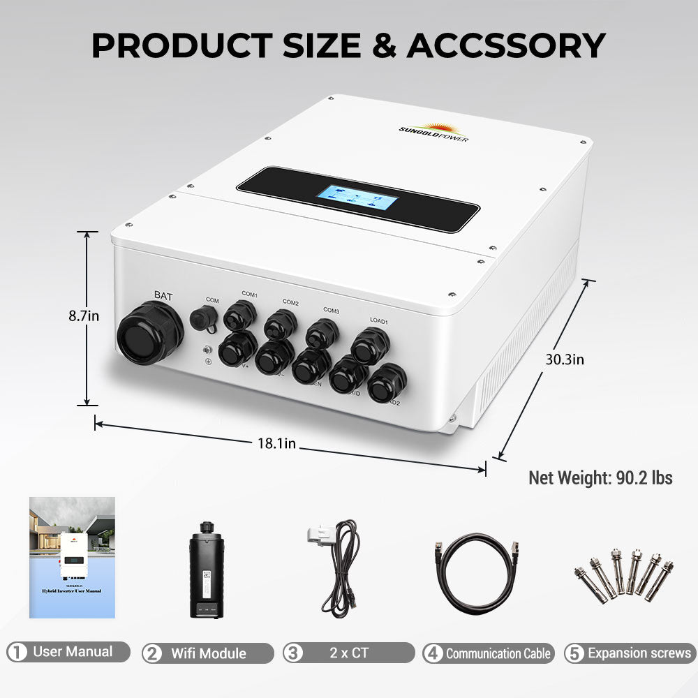 SunGold Power UL 10kW Hybrid Inverter 48V Split Phase, Grid Feedback, Batteryless