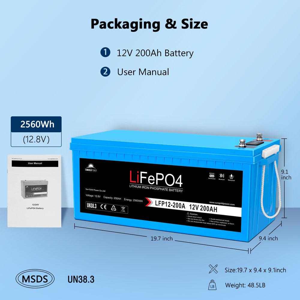 SunGold Power 12V 200Ah LiFePo4 Deep Cycle Lithium Battery Bluetooth / Self-Heating / IP65