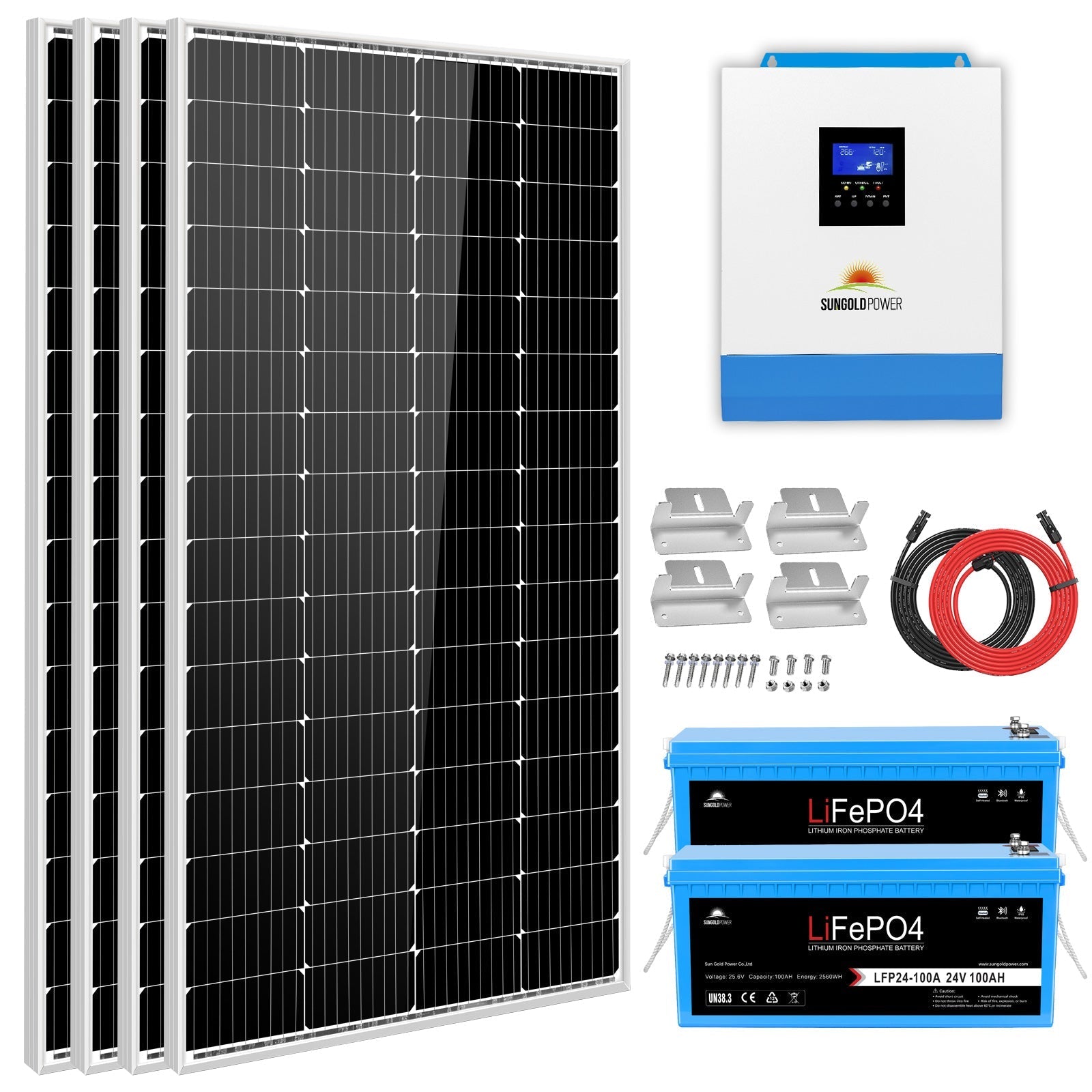 SunGold Power Solar Kit 3000W 24V Inverter 120V output Lithium Battery 800 Watt Solar Panel