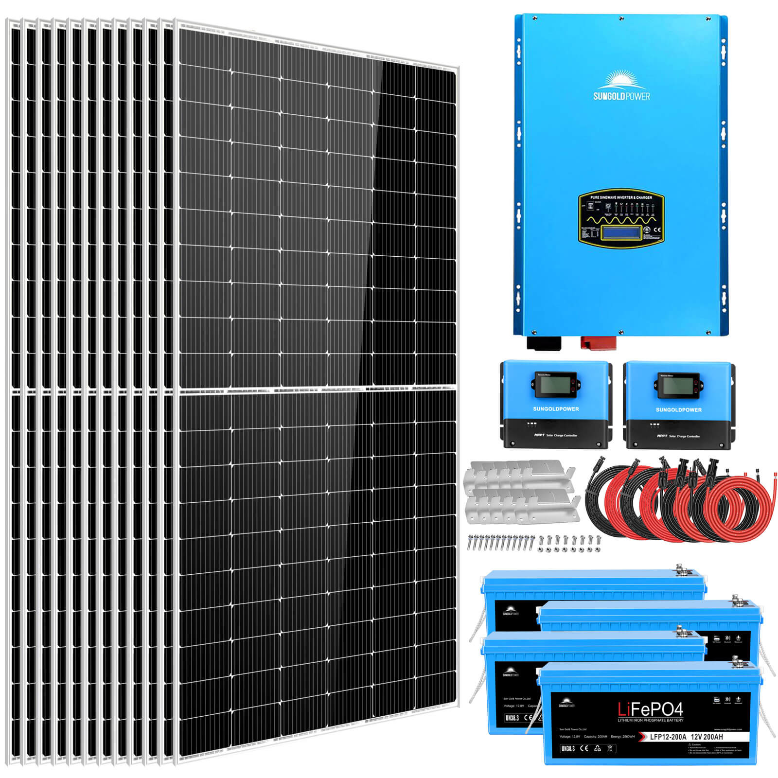 SunGold Power Complete Off-Grid Solar Kit 12000W 48V 120V/240V output 10.24KWH Lithium Battery 5400 Watt Solar Panel