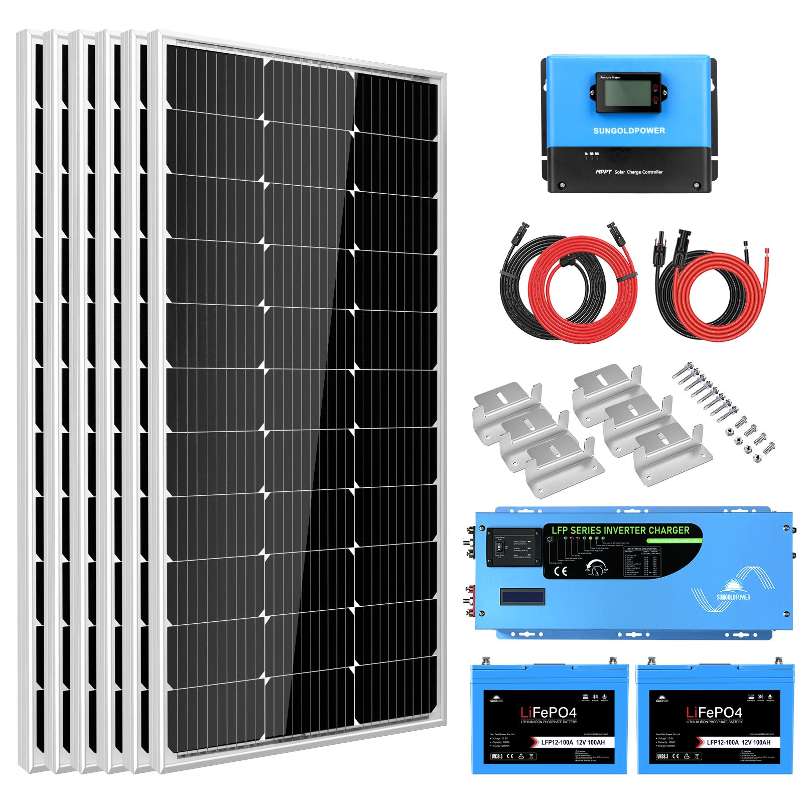 SunGold Power Off-Grid Solar Kit 3000W Inverter 12VDC 120V Output LifePO4 Battery 600 watt Solar Back Up