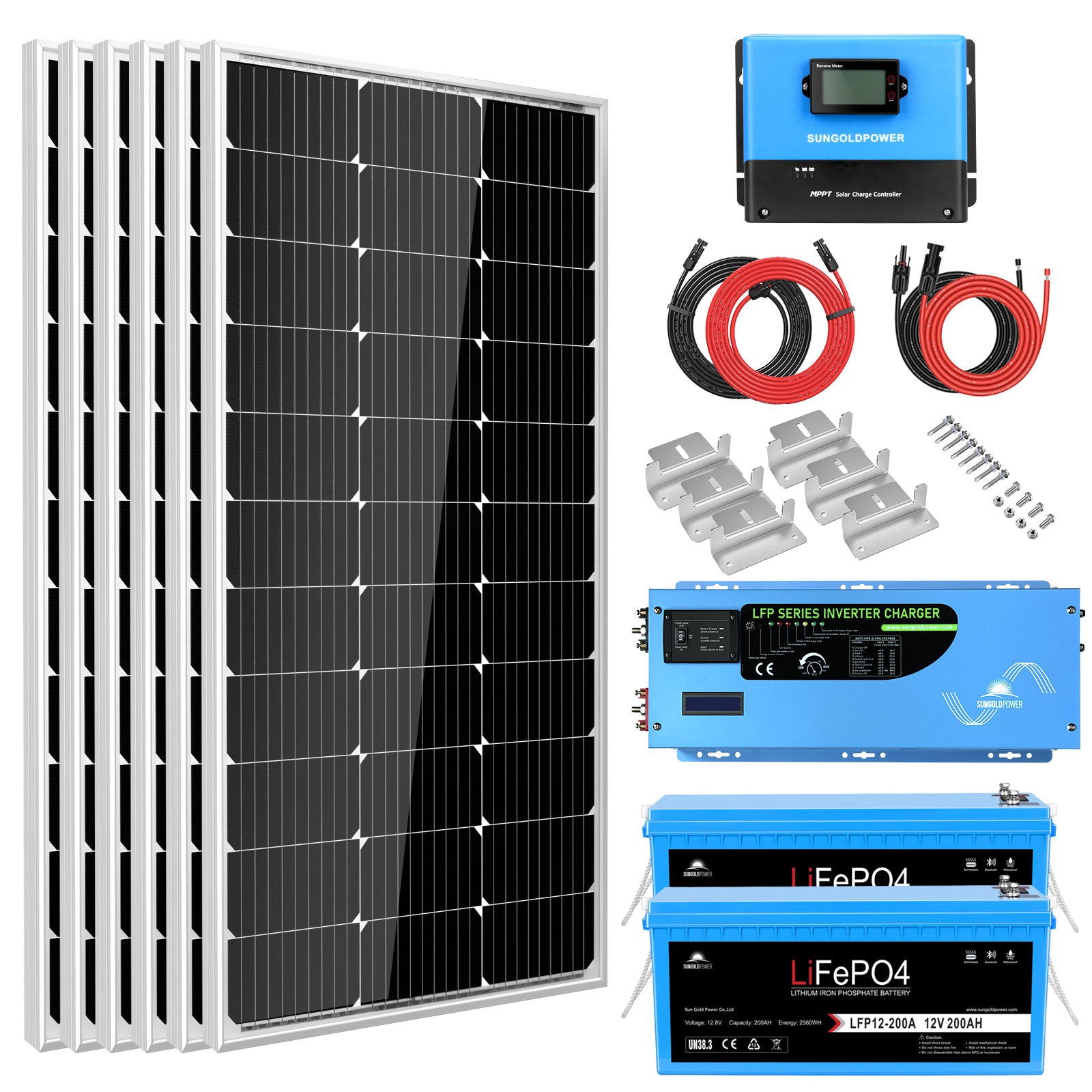 SunGold Power Off-Grid Solar Kit 3000W Inverter 12VDC 120V Output LifePO4 Battery 600 watt Solar Back Up