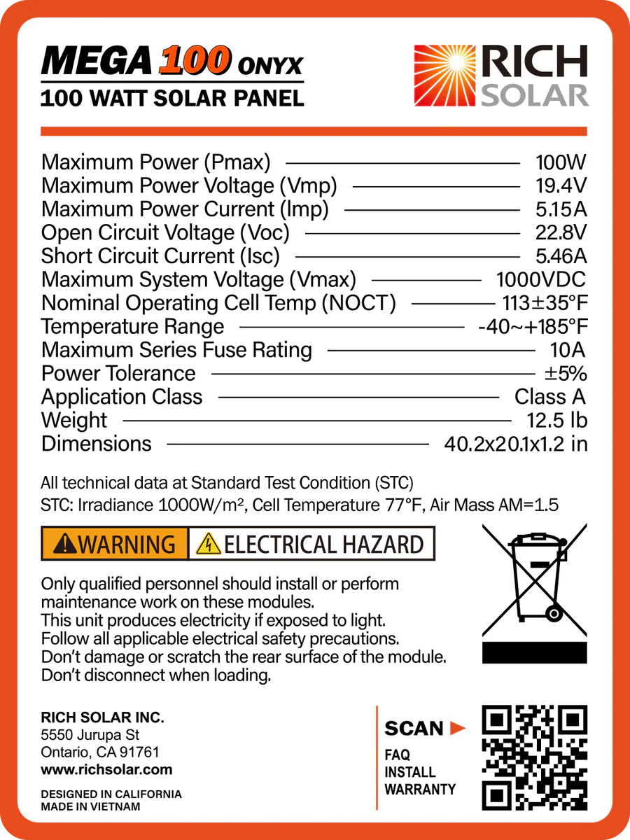 Rich Solar MEGA 100 Watt ONYX Black Monocrystalline Solar Panel
