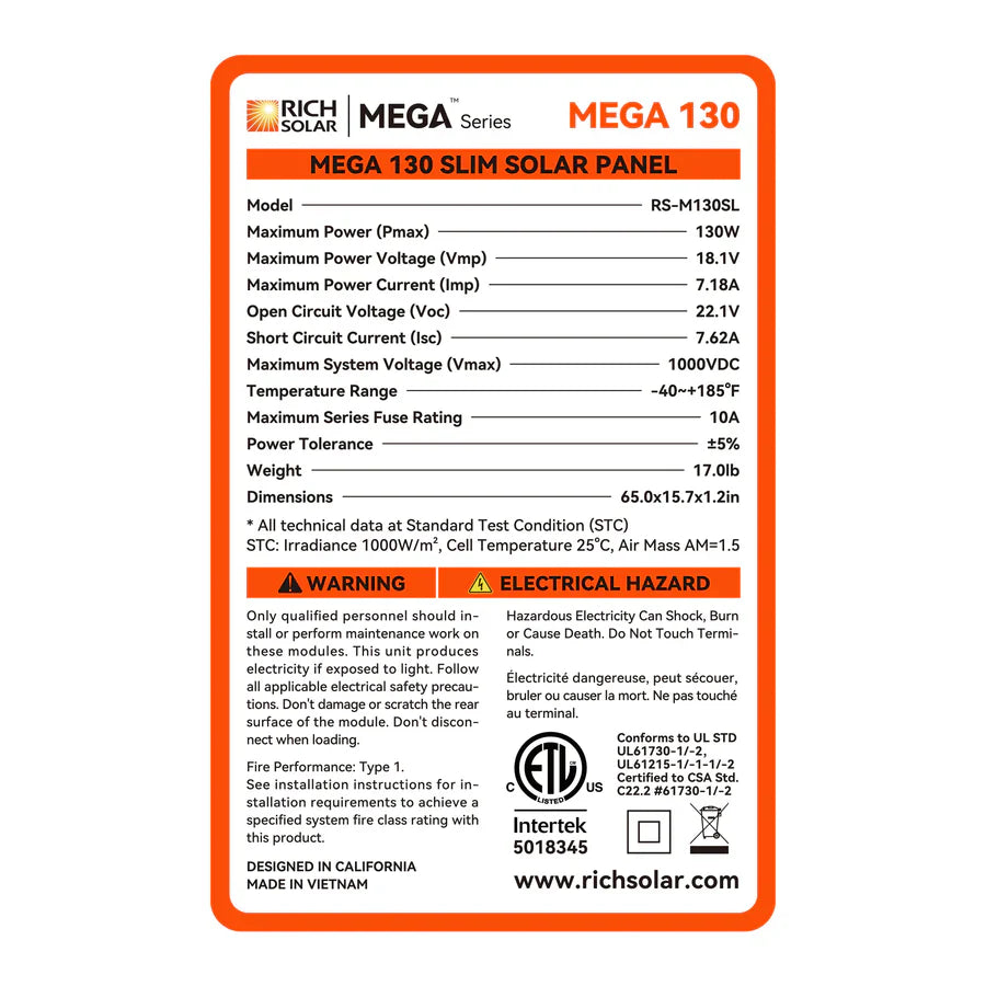 Rich Solar MEGA 130 Watt Slim Monocrystalline Solar Panel