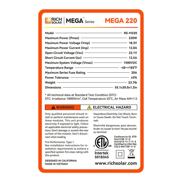 Rich Solar Mega 220 Watt 12V Monocrystalline Solar Panel