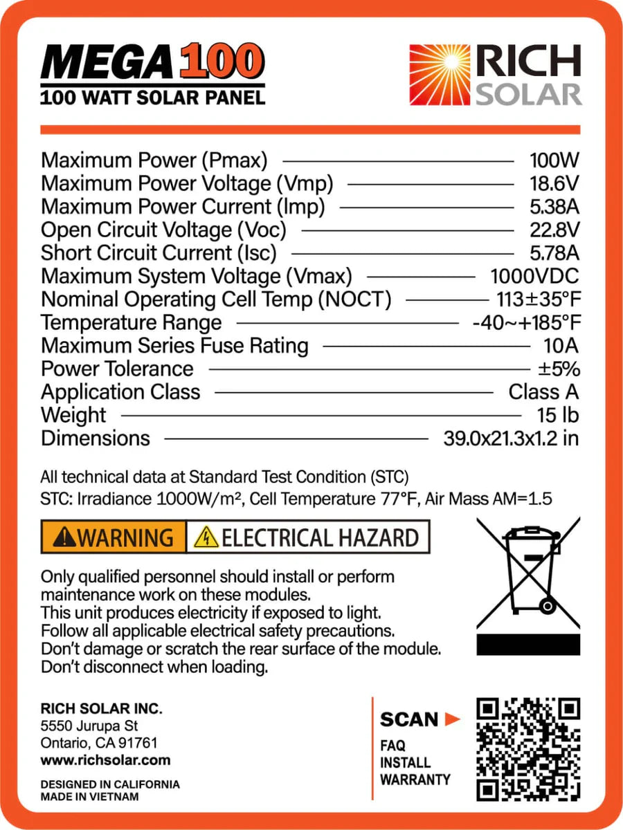 Rich Solar MEGA 100 Watt Monocrystalline Solar Panel