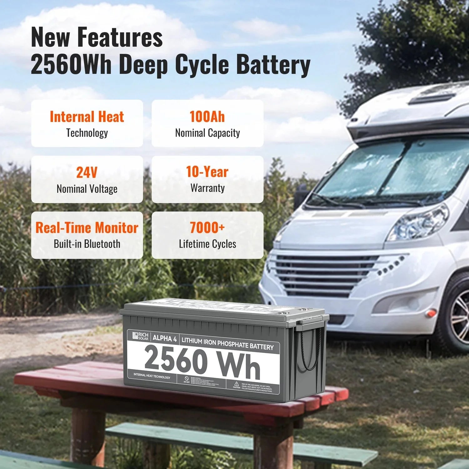 Rich Solar ALPHA 4 24V 100Ah LiFePO4 Battery w/ Internal Heating and Bluetooth